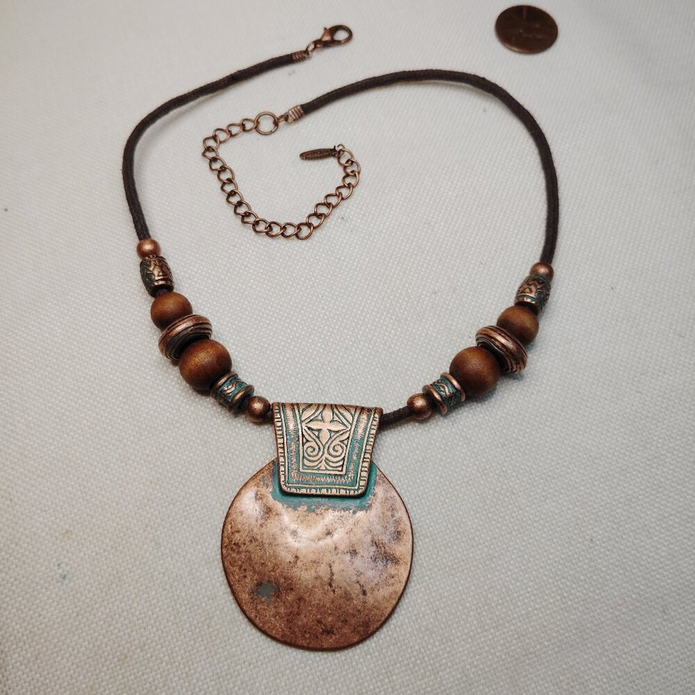 VCLM Copper Tone Suede Necklace with Patina Pendant